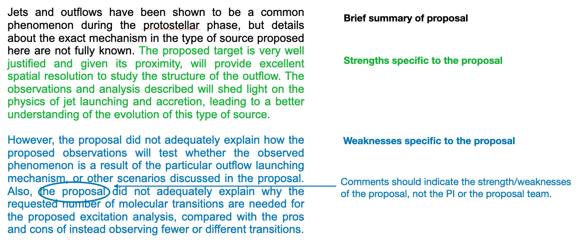 An example of a decent (albeit short) review. From the ALMA Cycle 8 Reviewers Guidelines.